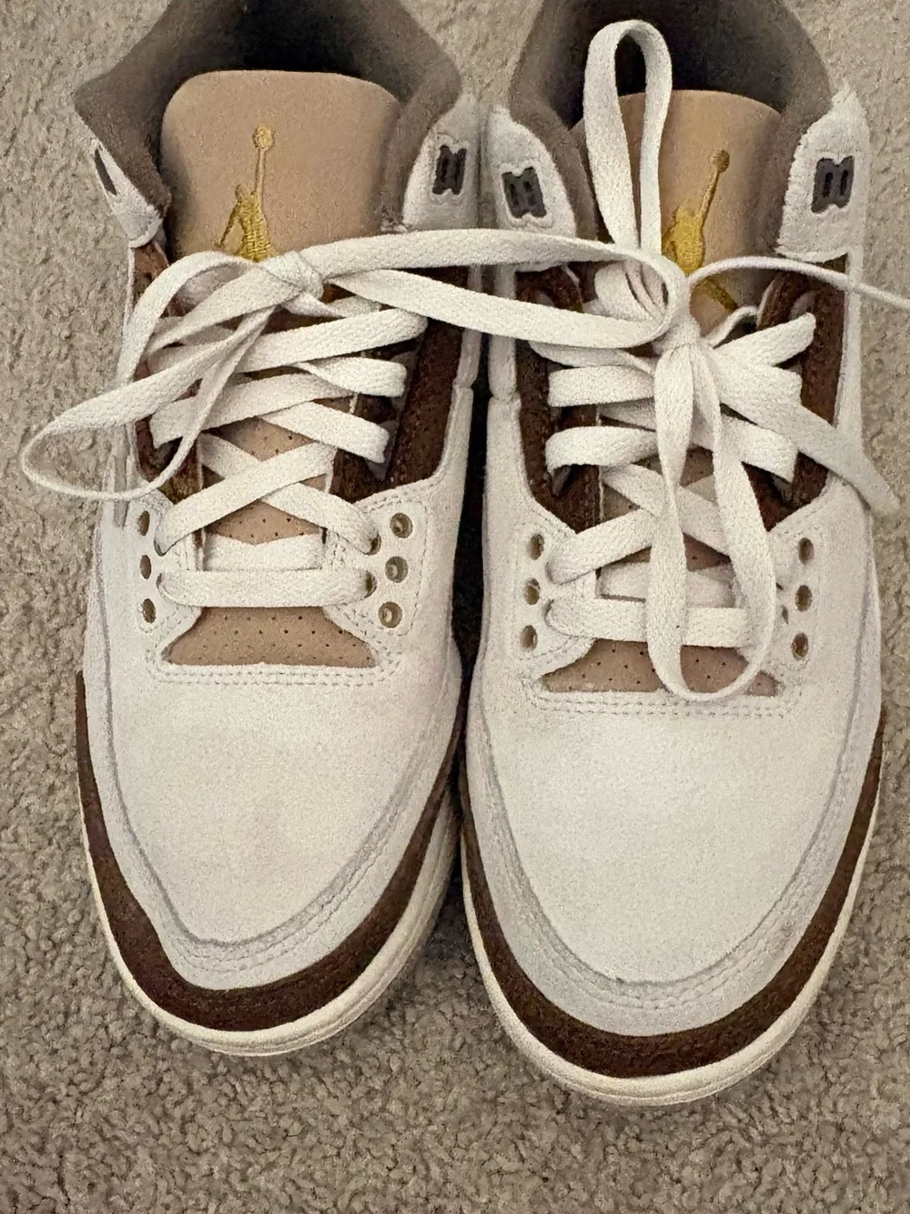 Jordan Men’s Low-Top Sneakers in White and Brown with Gold Accents